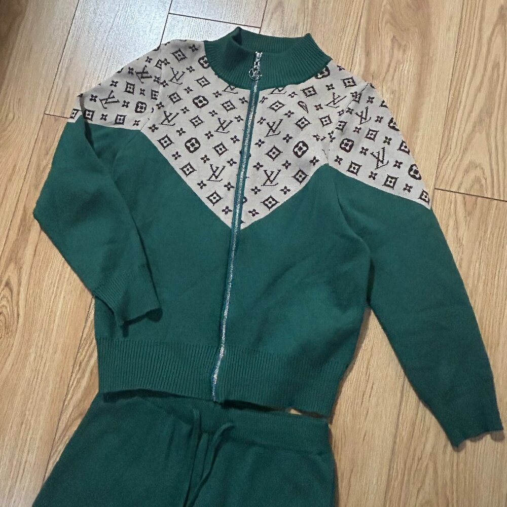 Louis Vuitton Inspired Track Suit Green Monogram Logo Zipper Bomber w/ Pants